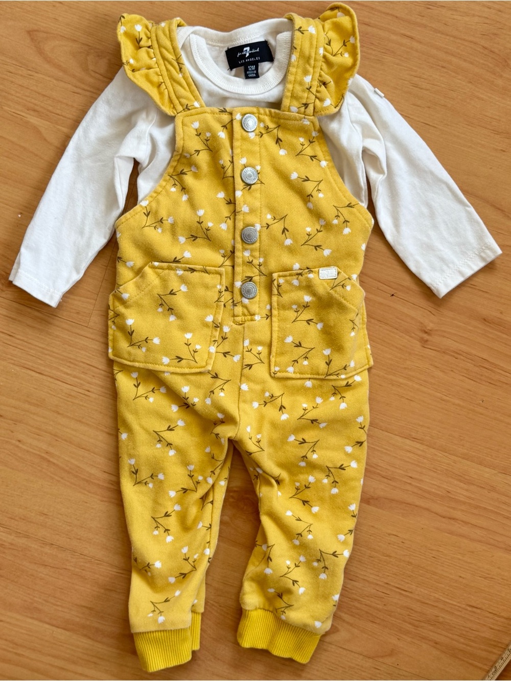 7 For All Mankind Baby Girl Cotton Yellow Daisy Ruffle Jumper w Pockets Set 12 m